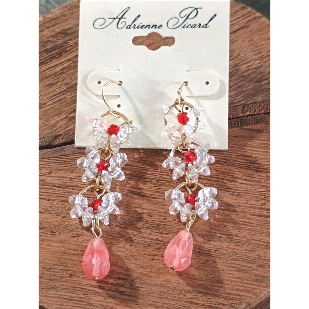 Adrienne Picard Pink Red Clear Glass Gold Tone Dangle Earrings New